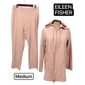 Eileen Fisher M Blush Pink Cotton Knit 2 pc Hoodie Pants Loungewear Athleisure‎